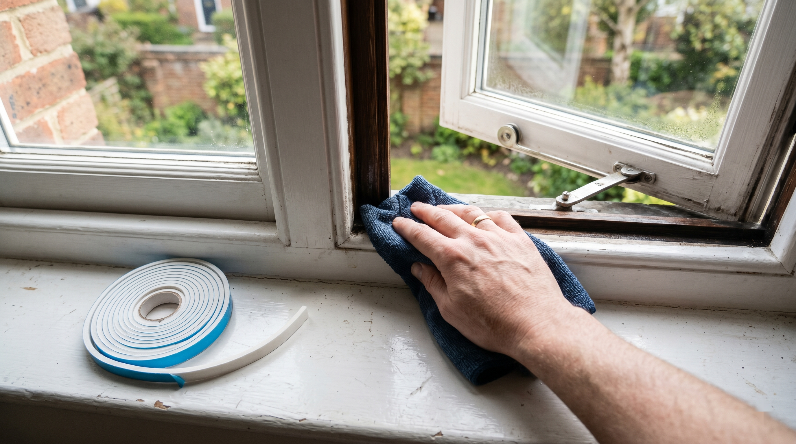 A hand wiping down a window sash frame with a damp microfiber cloth, a roll of white foam weatherstrip resting on the sill nearby