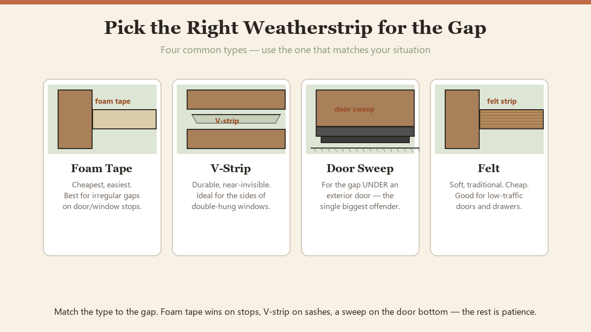 Diagram comparing four weatherstrip types: foam tape, V-strip, door sweep, and felt