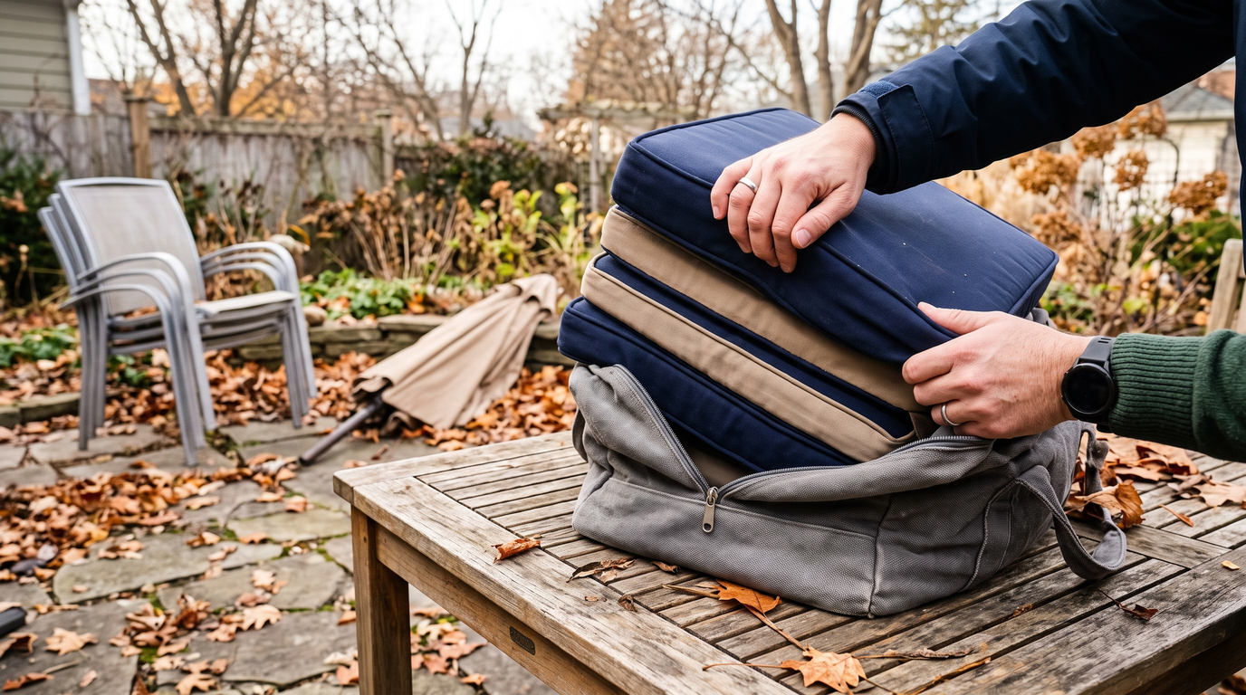 Hands setting dry outdoor seat cushions into an open storage bag on a patio table in late fall, the bare patio chairs stacked behind