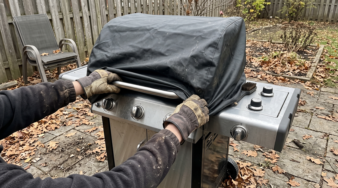 Hands pulling a fitted cover down over a cleaned gas grill on a backyard patio in late fall, dry leaves scattered on the pavers