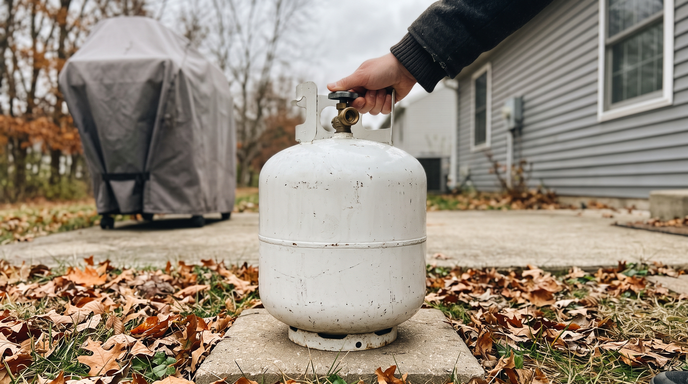 A hand turning the valve closed on a disconnected propane tank standing upright on a concrete pad outside, away from the house, in late fall
