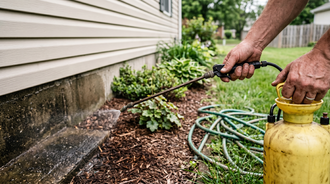 Homeowner treating the foundation perimeter of a house with a pump sprayer to control ants and mosquitoes